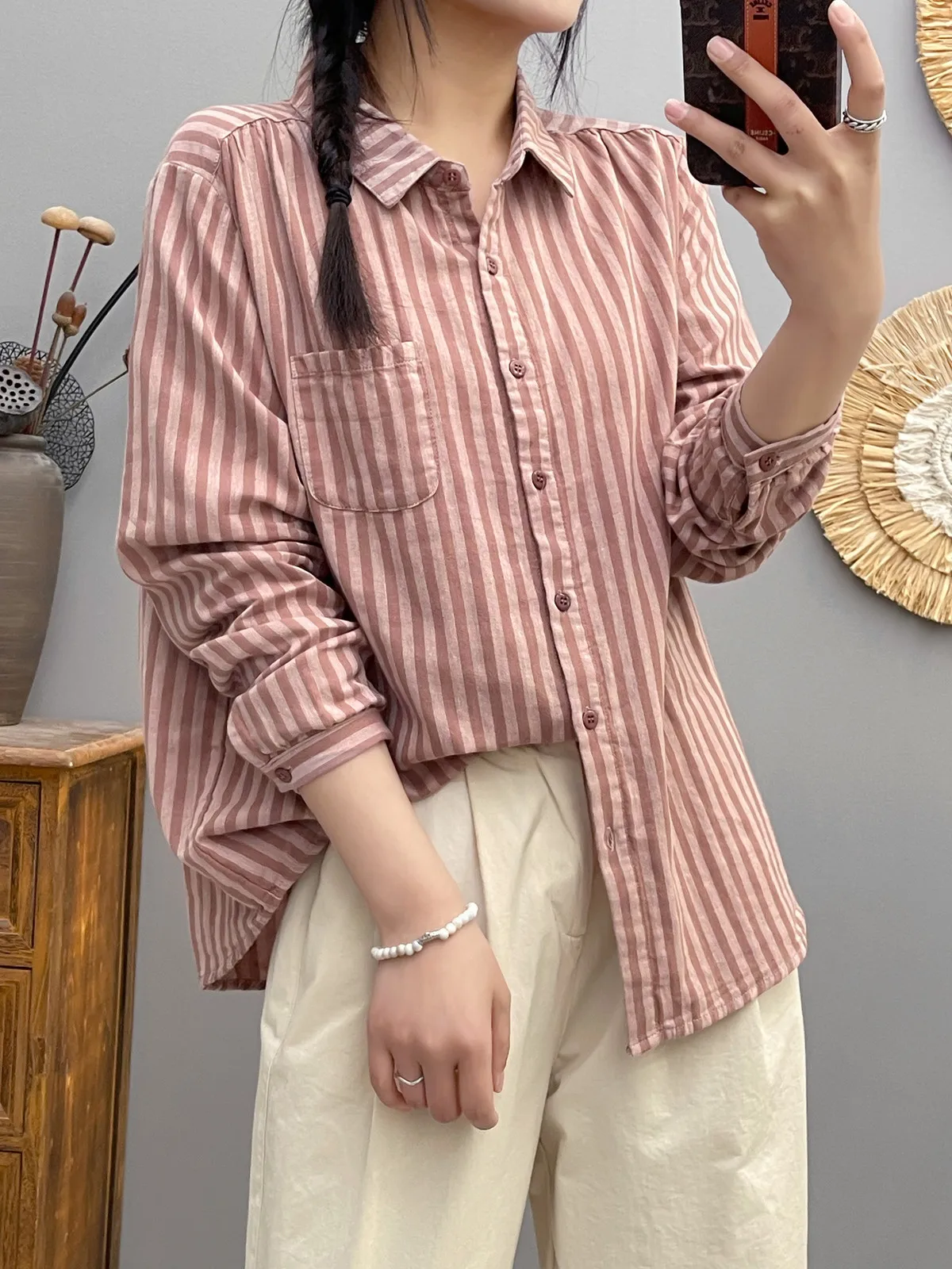 New Summer Cotton Yarn Long Sleeve Shirts, Women Polo Collar Stripe Tops, Mori Girl Casual Loose Blouses, 2024 Autumn T48418QM