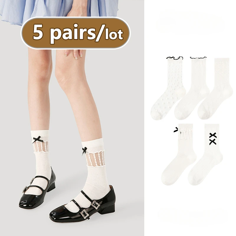 

Top Women Cute Mesh Breathable Artistic White Socks Sweet Japanese Fashion Summer Thin Socks 5Pairs Bow-knot Kawaii Stocking Set