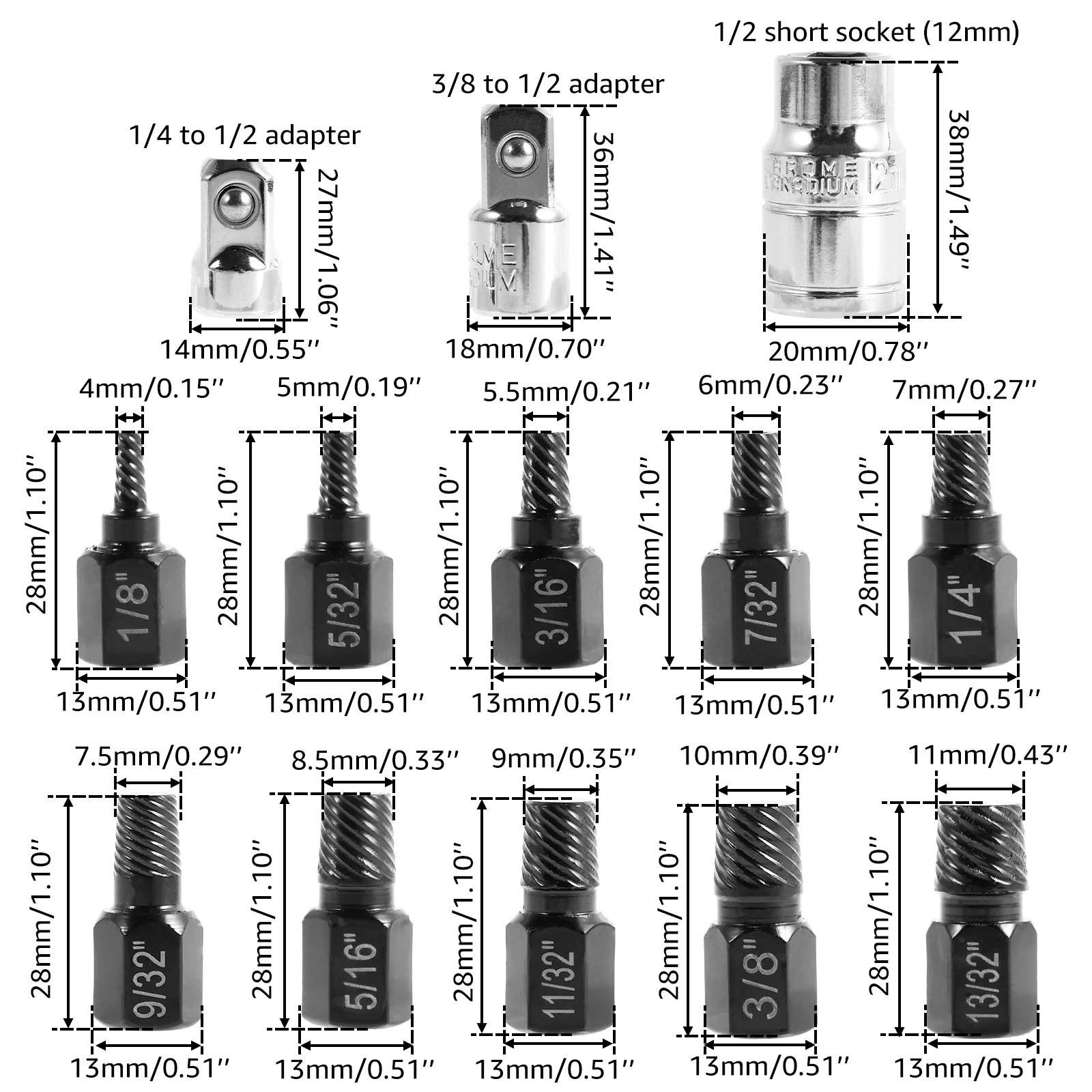 10Pcs Screws Extractor  With 3 Socket Adapter Metal Damaged Screw Extractor Easy Pull Out Remove Damaged Screws Bolt Extractor