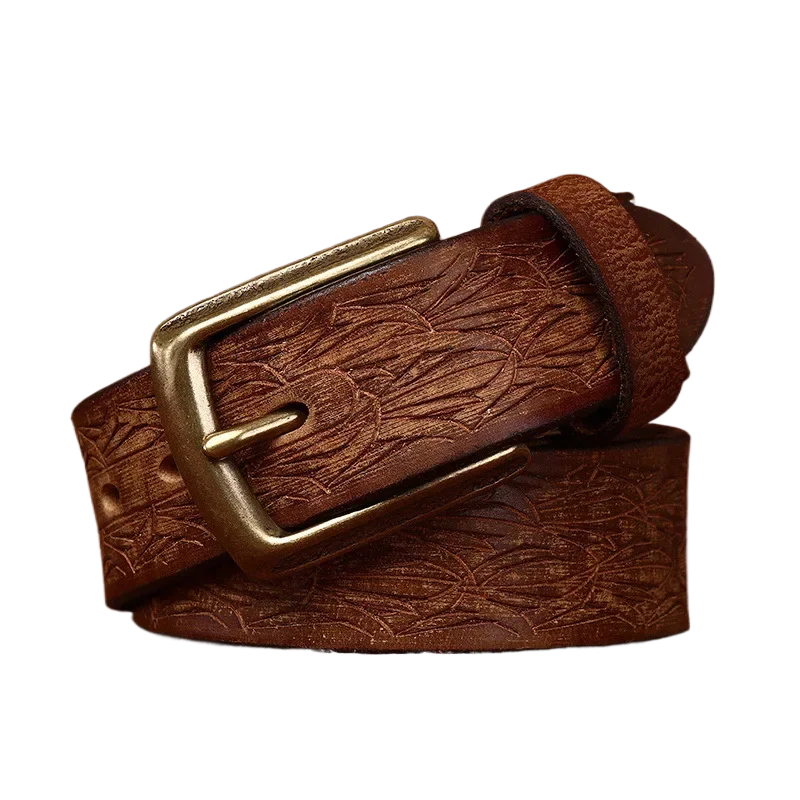 

3.8cm men's genuine leather belt high quality luxury carved copper buckle belt frosted thickened pure cowhide men's jeans