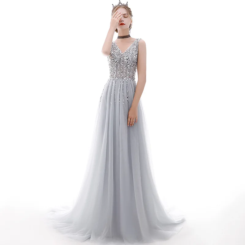 Lzpove Tüll Abendkleid Luxus eine Linie formelle Gelegenheit Kleider ärmellose glänzende Perlen Cocktail kleid Prom Vestidos de Festa