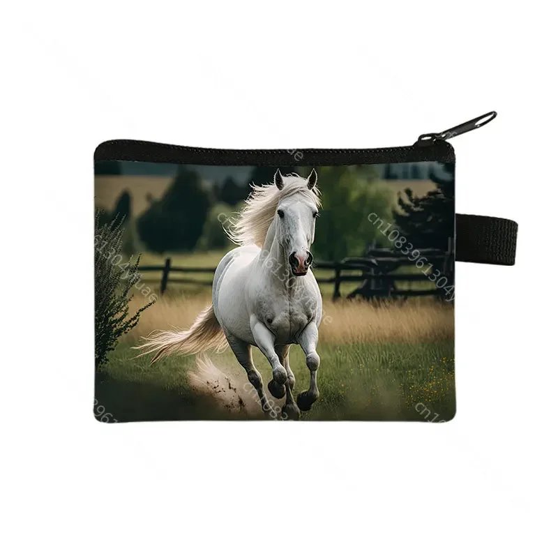 Animal Cavalo Print Coin Purses para mulher, bonito Unicorn Wallet, cartão de crédito, fone de ouvido, bolsa com zíper, batons