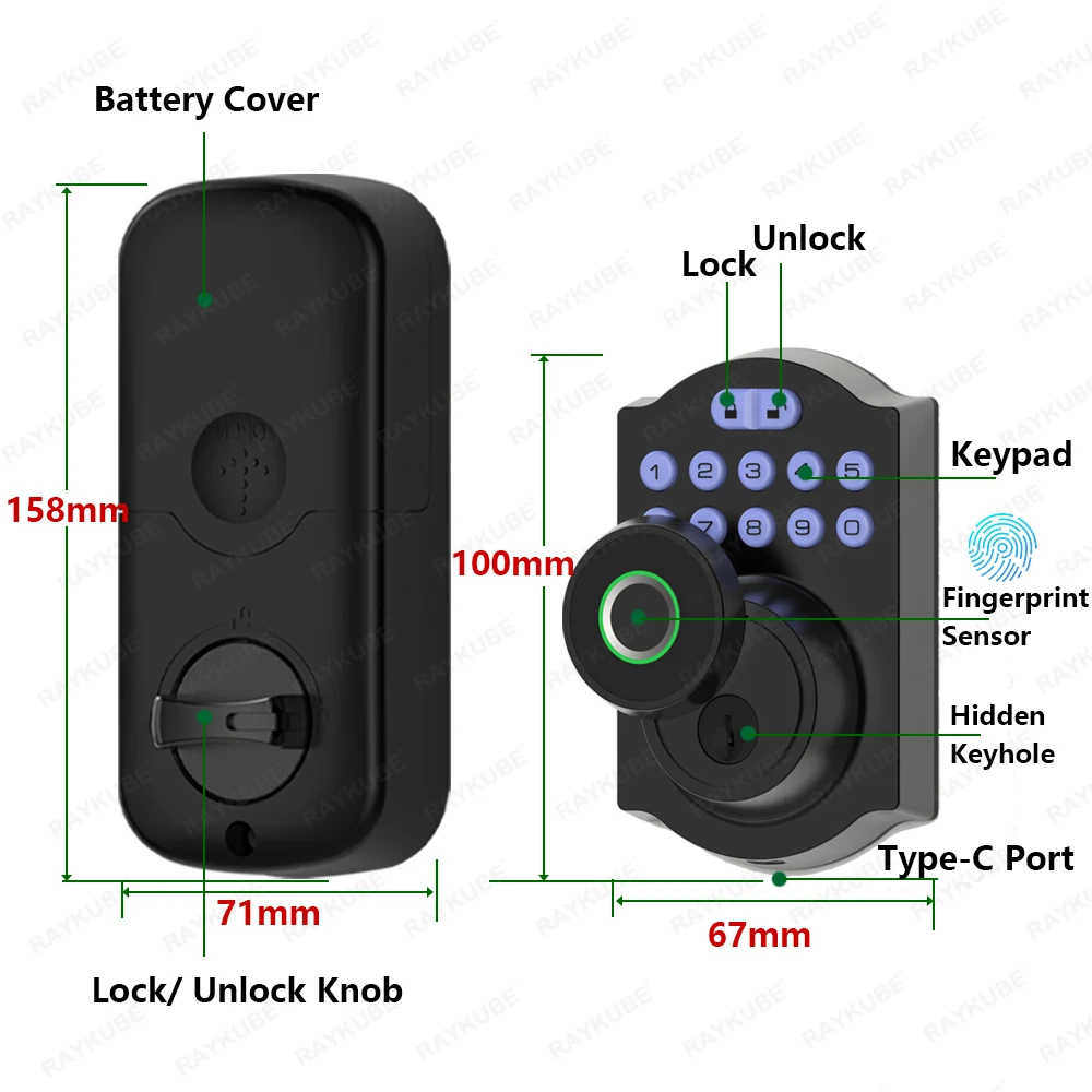 RAYKUBE Tuya BLE Fingerprint Deadbolt Lock Smart Digital Lock With Auto Lock Delay Password/Key/APP Remote Unlock 904F/905F/906F