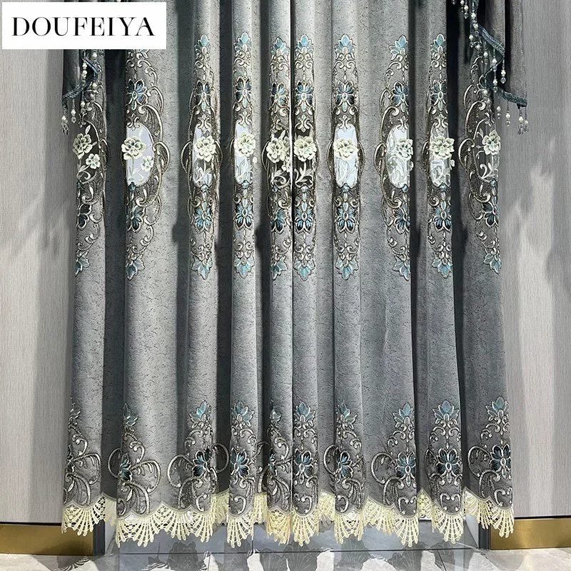 Custom Size European Gray Hollow Embroidery Luxury Curtains For Living Room Bedroom Dining Tulle Valance Blackout Thickened