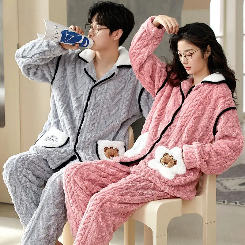 2024 New Sleepwear Couples Autumn and Winter Sleepwear Coral Plush Plush Thickened Loungewear Men Women's Hooded Homewear Set