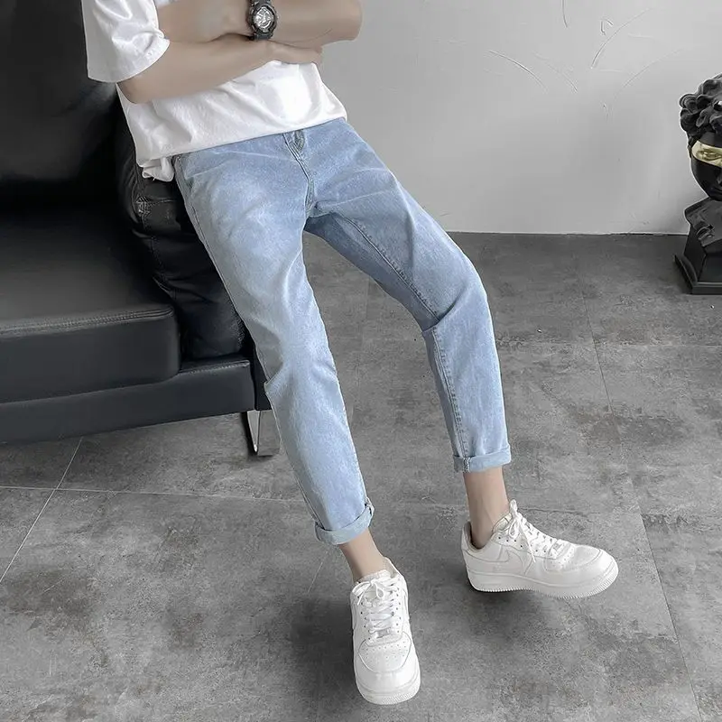 Black and Gray Versatile Small Straight Jeans Men Loose Spring, Spring and Autumn Handsome Casual Small-foot Nine-minute Pants