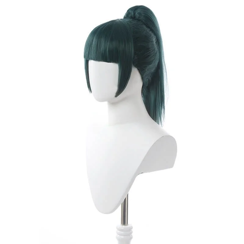 Anime Jujutsu Kaisen Maki Zenin Synthetic Long Straight Dark Green Ponytail Cosplay Wigs