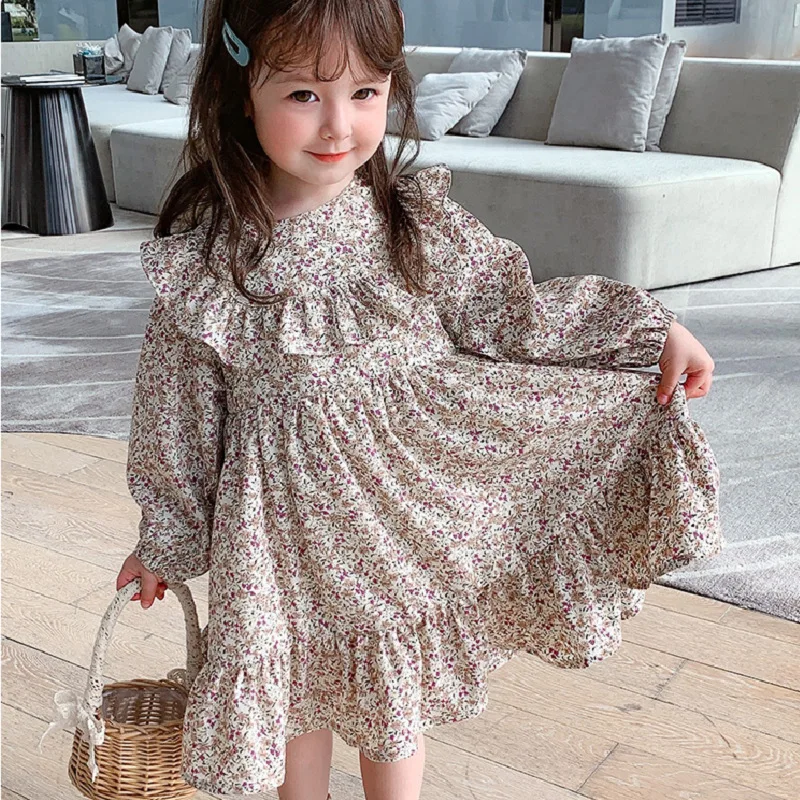 Girls Floral Princess Dress Spring Autumn New Pleated British Style Children\'S Clothing Pastoral Style Girls Fashion Kids Outfit