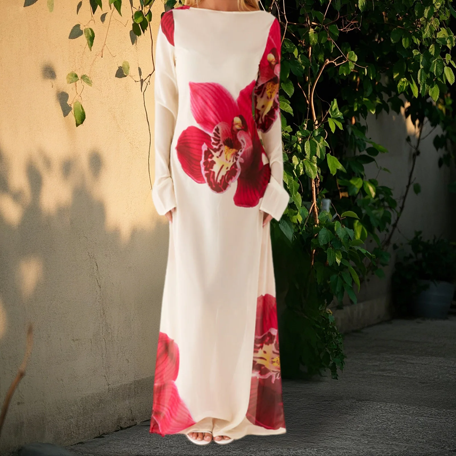 Abito lungo da donna con stampa floreale, scollo a barca, maniche lunghe, vestibilità in rete trasparente, per la spiaggia estiva