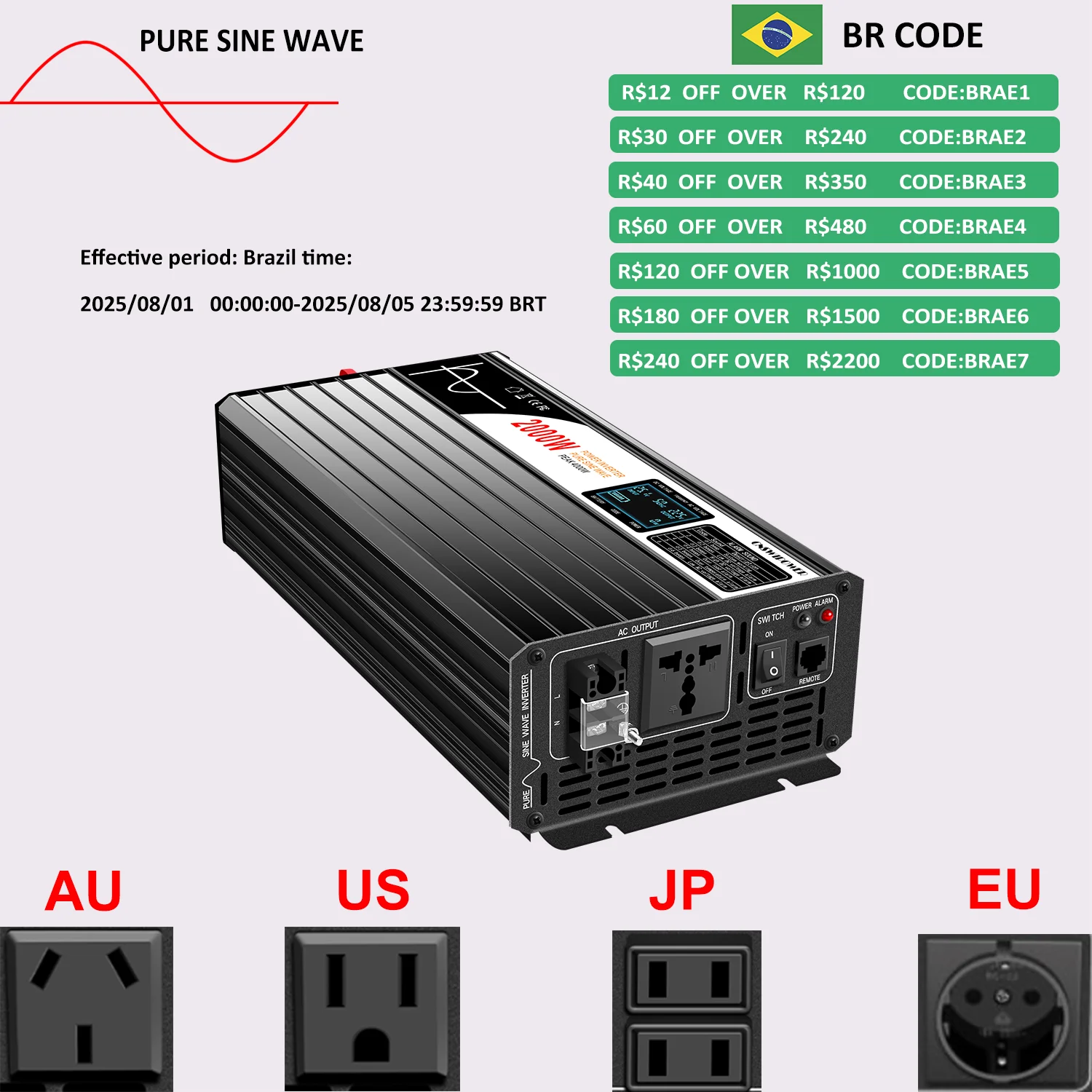 

Swipower 2000W pure sine wave solar power inverter DC 12V 24V 48V to AC 110V 220V LCD display