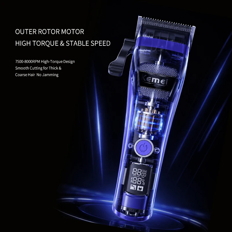 Kemei KM-1911 Professional Hair Cutter for Men DLC Rotating External Motor Cordless Hair Trimmer with Charger Base