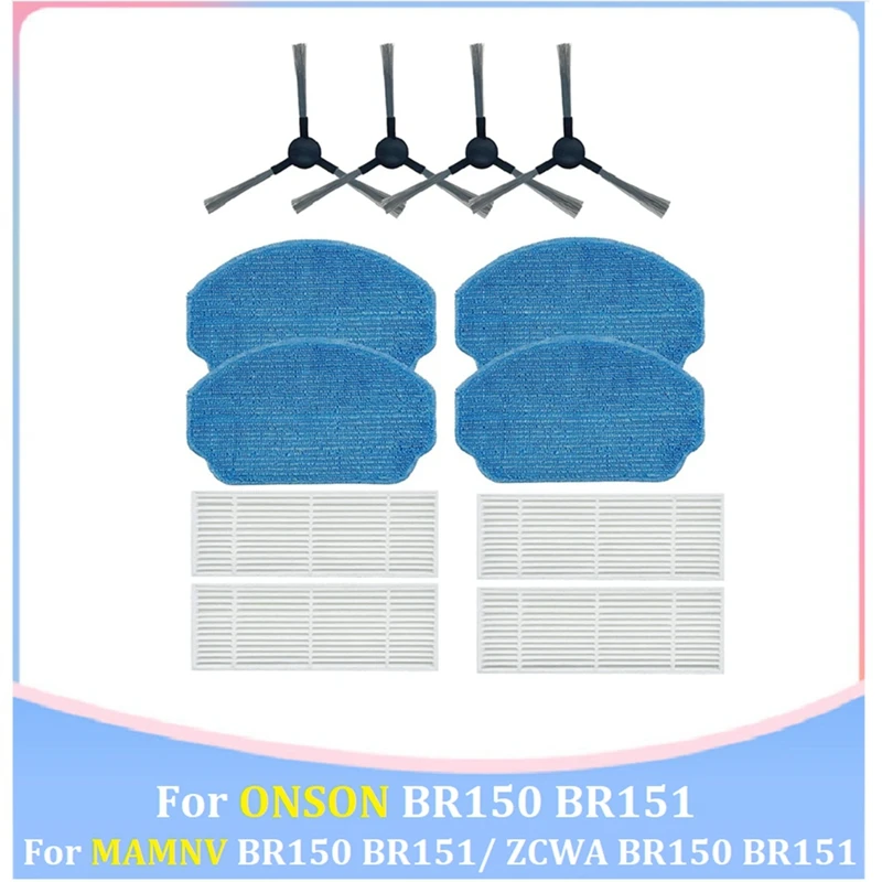 For MAMNV BR150 BR151/ ZCWA BR150 BR151 / ONSON BR150 BR151 Robot Vacuum Cleaner Accessories Part Kit Side Brush Mop Cloth