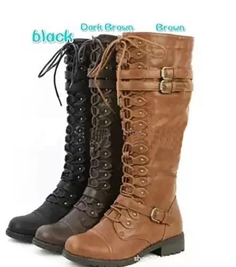 New Platform Winter Knight Boots Women\'s Knee High Long Square Heels Shoes Retro Thick Motorcycle Boots Black White Botas Mujer