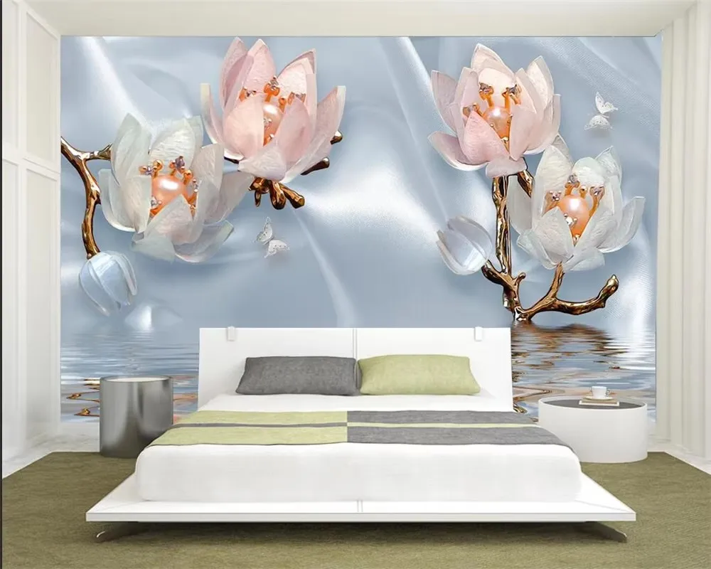 

Custom wallpaper silk lotus water wave reflection 3d stereo jewelry TV sofa background wall 3d wallpaper mural