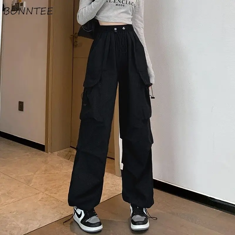 

Hip Hop Pants Women Shirring Unisex Special Charming Pockets Pure All-match Designed Korean Style Basics Popular Autumn Ladies