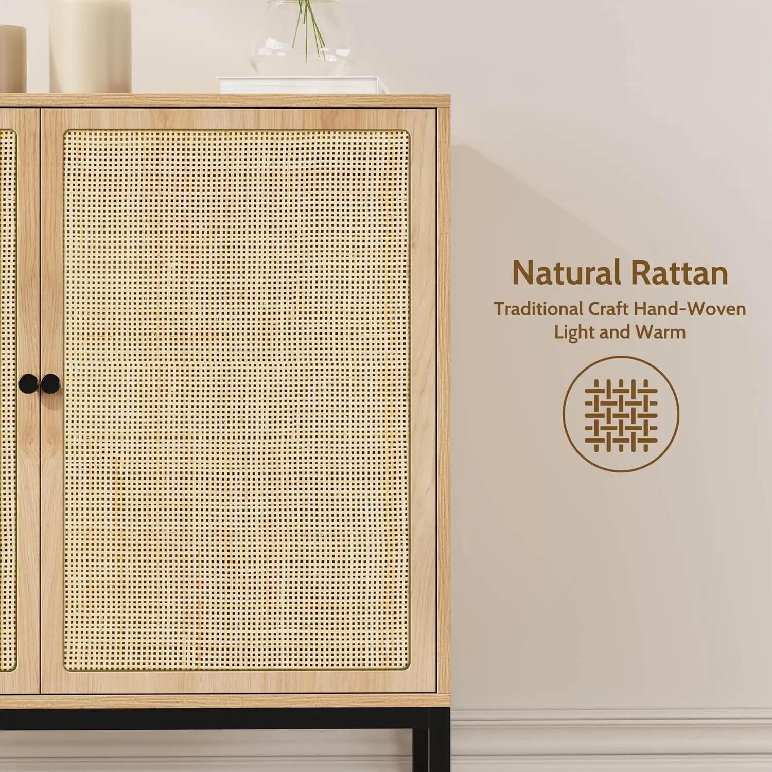 Set mit 2 Sideboard-Schränken mit dekorierten Türen aus natürlichem Rattan, 63