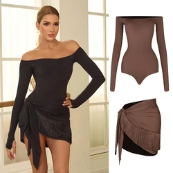 ZYM Off Shoulder Latin Dance Dress Women Long Sleeves Fringe Dress Adult Rumba Dance Practice Wear Performance Clothing DNV22221