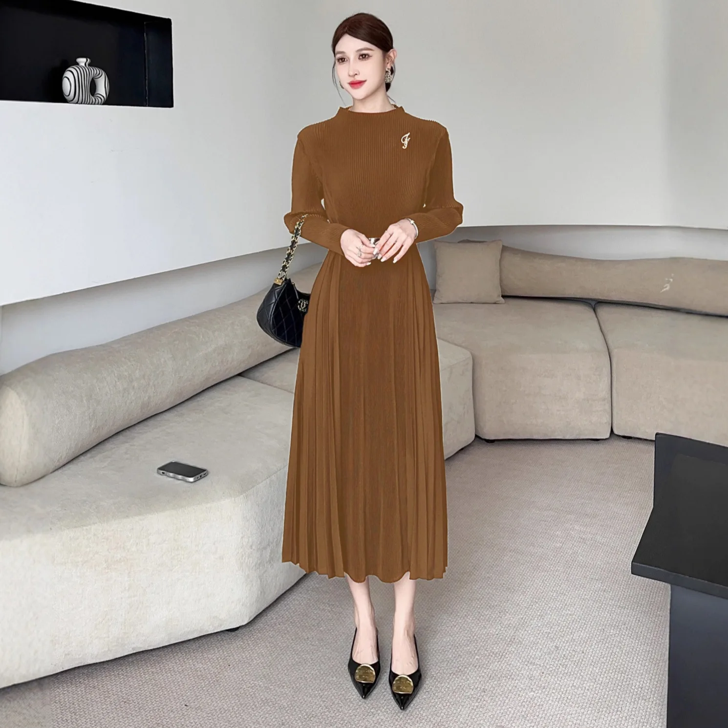 

Miyake Dress Women Stand Collar Long Sleeve Chic Elegant Dresses Autumn 2025 New French Style Fashion Female High Waist Dress