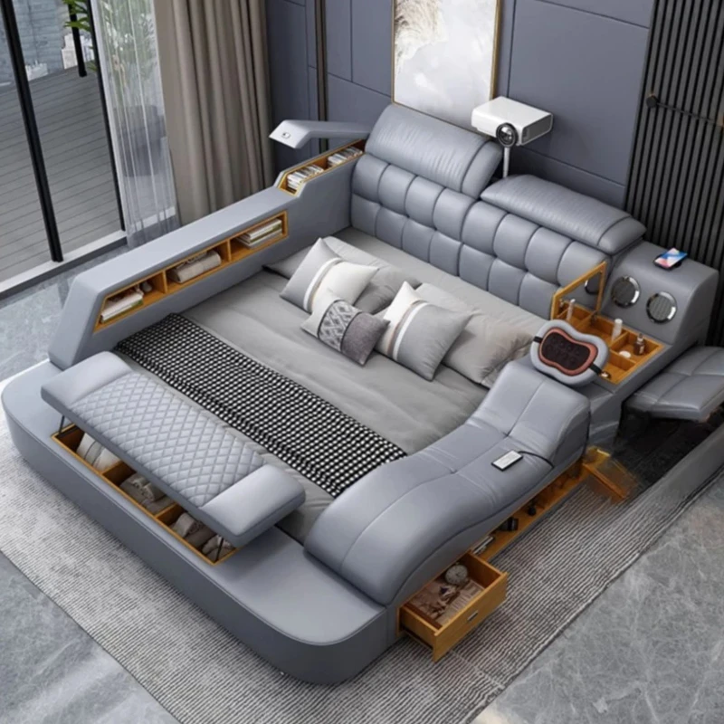 

Queen Storage Luxury Bed Frame Modern Multifonction Bedroom King Bed Frame Genuine Leather Letto Matrimoniale Room Furniture