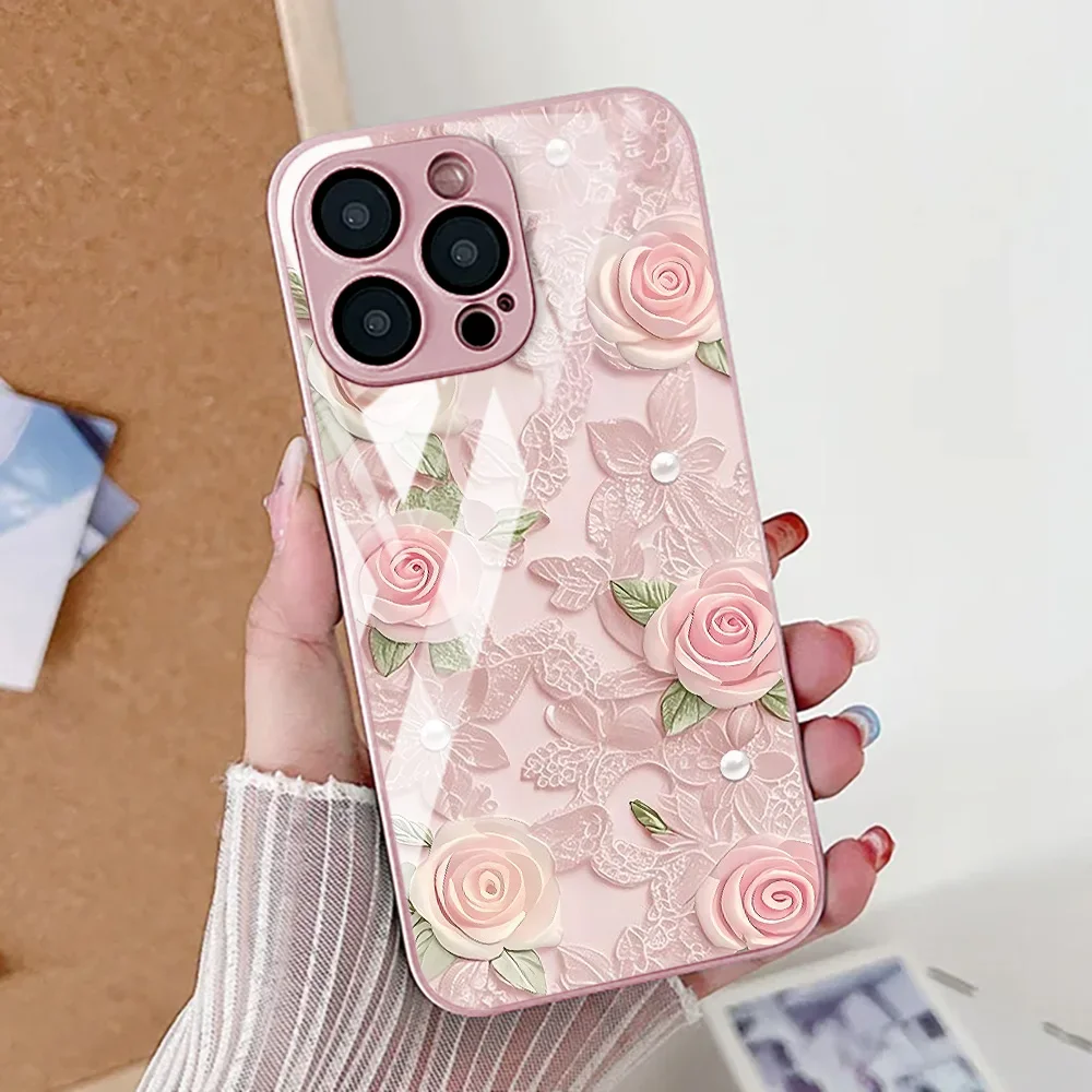 

Чехол для телефона из закаленного стекла с цветком розы для iPhone 17, 16, 13, 15, 11, 12, 14 Pro Max 17 Air 16E 8 7 Plus XR SE, роскошный противоударный чехол