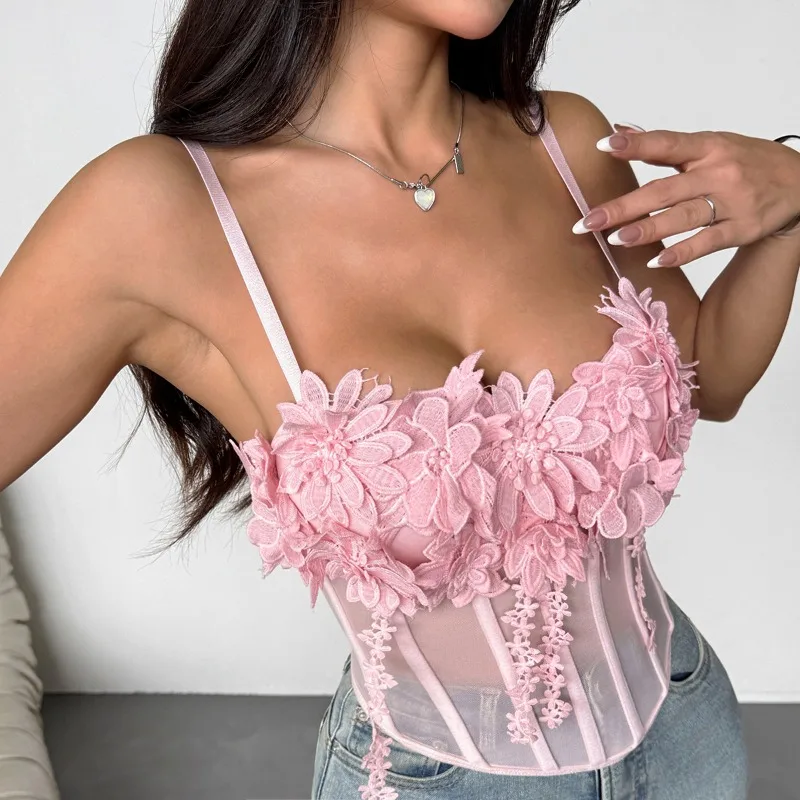 

French three-dimensional decoration flower spicy girl perspective mesh sexy fishbone gathering vest
