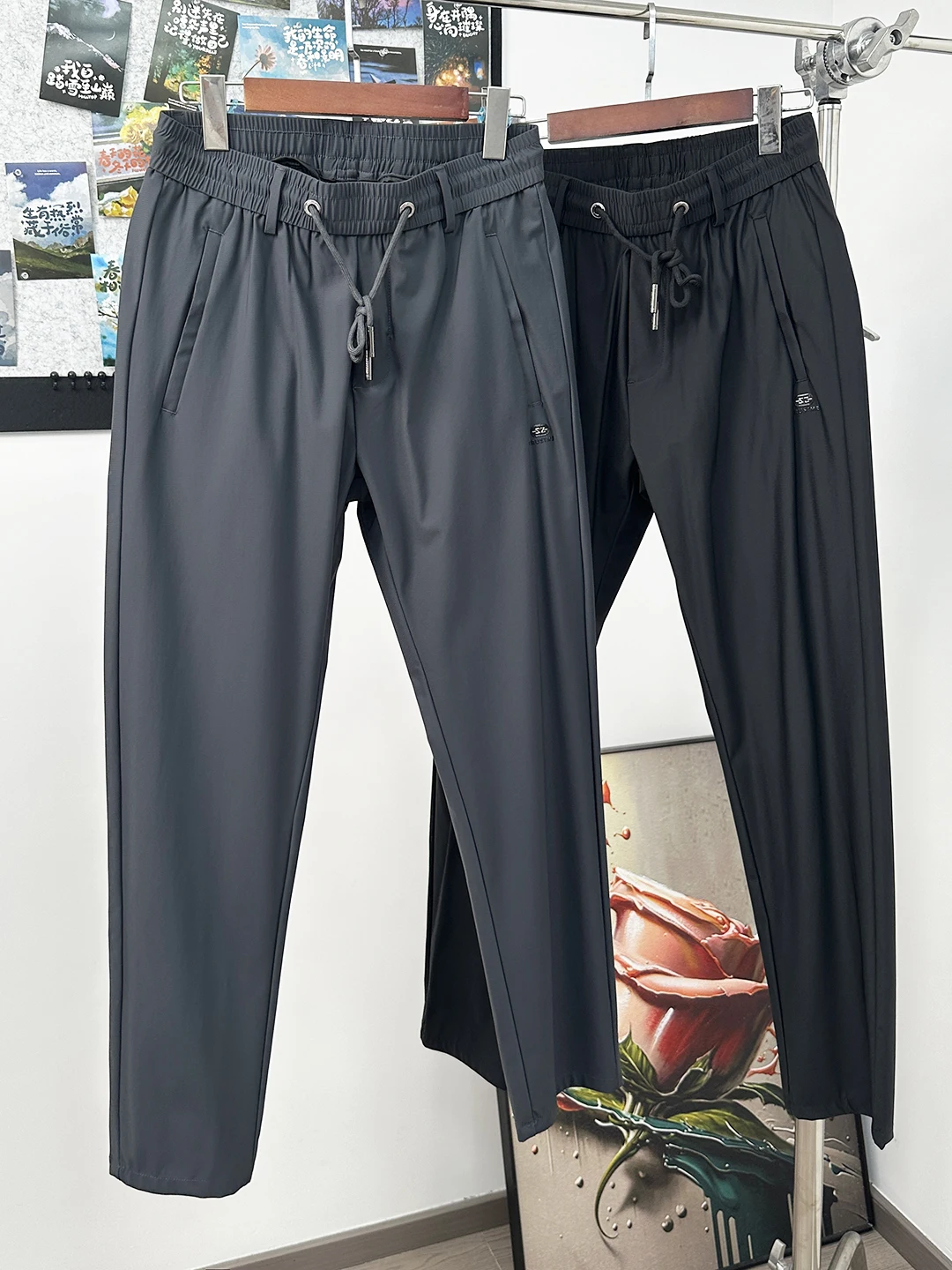 

Textured Ice Sensation Fabric Men's Summer Lightweight Busin Casual Pants Commute Faion Straight Leg Elastic Waist