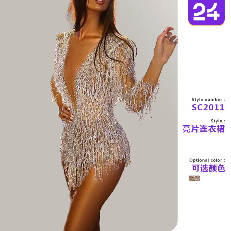 Damenkleider 2026 Neu aus Europa Frühling/Sommer Sexy Durchsichtige Pailletten-Fransen-Minikleider mit tiefem V-Ausschnitt Kleidung Vestidos
