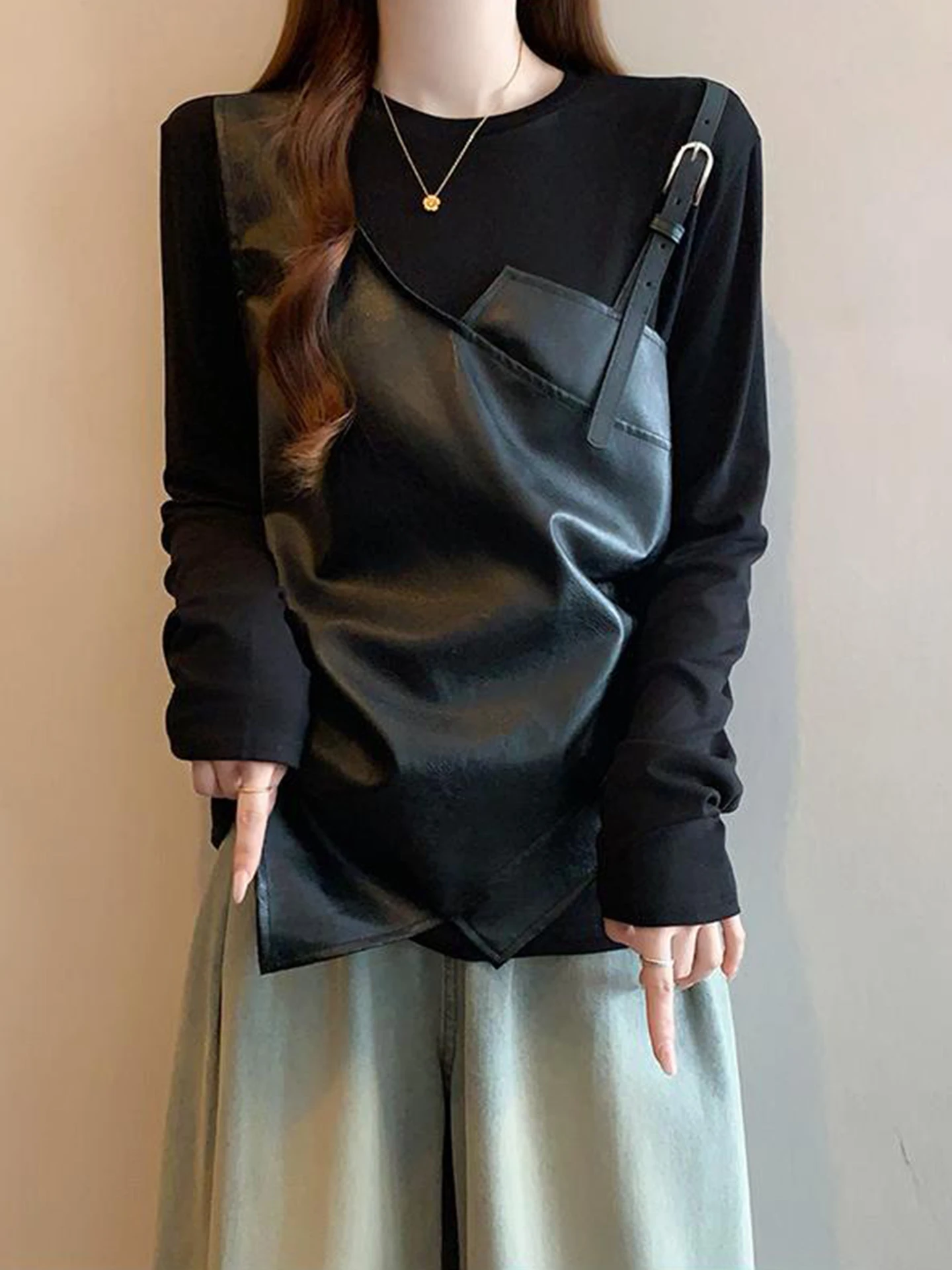 

Bla PU Leather Splice Long Sve T-irt Women's plus Size Slimming Asymmetrical Waist-Cut Top Korean Sle Spring Faion