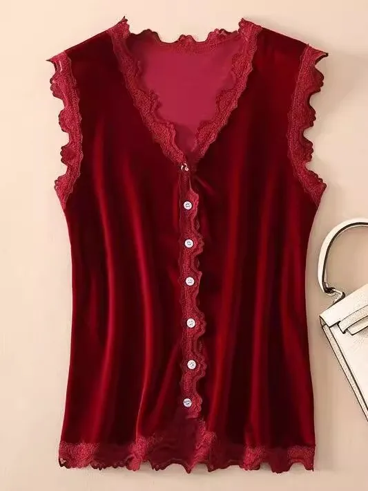 Autumn And Winter Versatile Gold Velvet Lace Vest Sleeveless Camisole Top 2025 Spring Fashion Women Shirt Jacket Blouse A789 ﻿