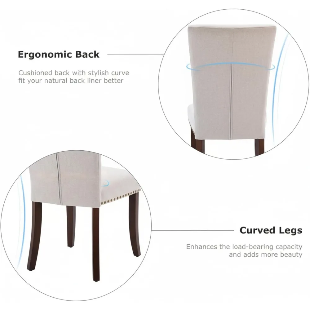 طقم كراسي طعام منجدة باللون البيج مكون من 6 قطع - طراز مزرعة عالي الظهر مع أرجل من الخشب المطاطي الصلب، وسادة إسفنجية مبطنة #5