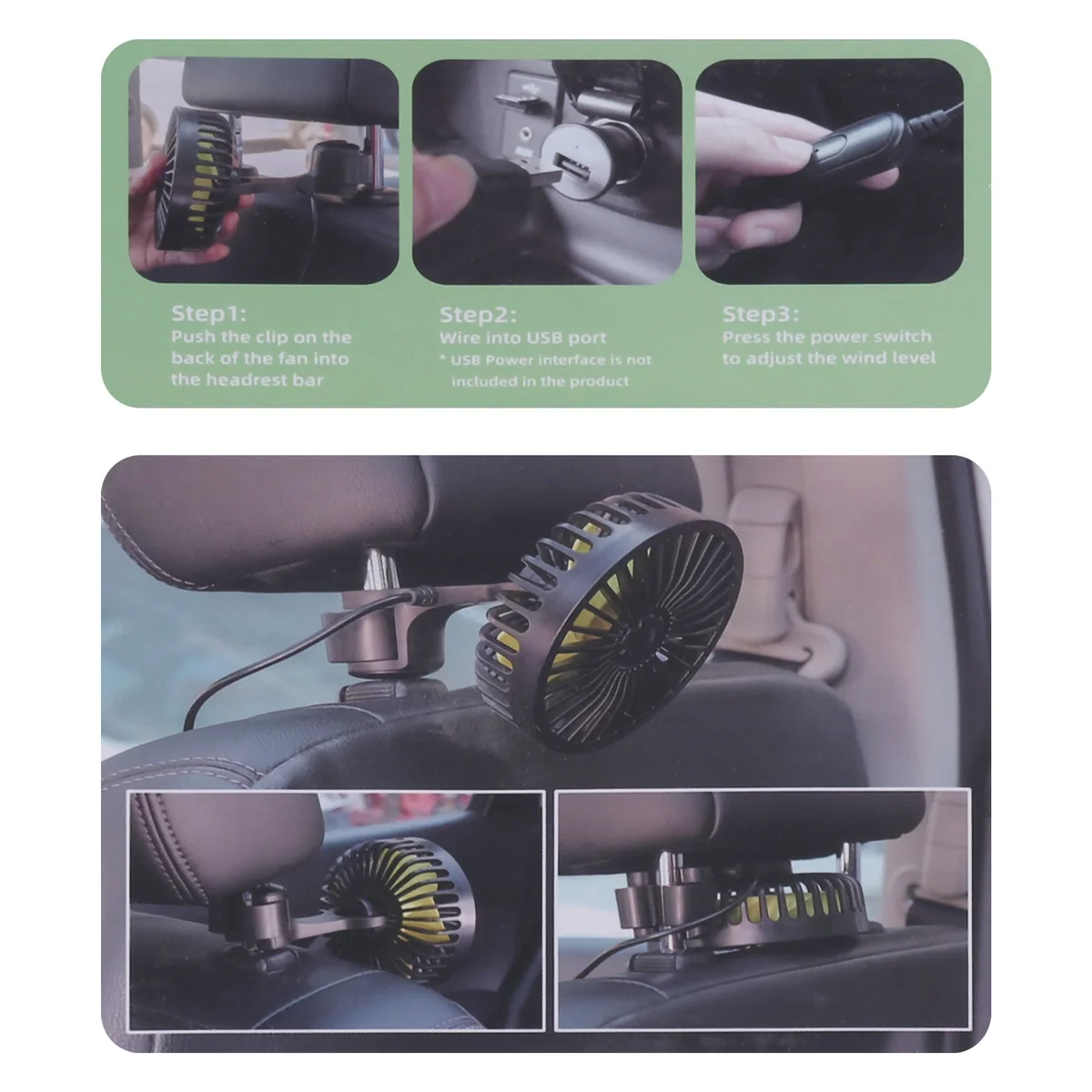 Car Cooling Fan, USB Backseat Auto Rear Seat Fan 3 Speed Vehicle Clip Fan for Car Vehicle Truck Van SUV RV Boat Bus