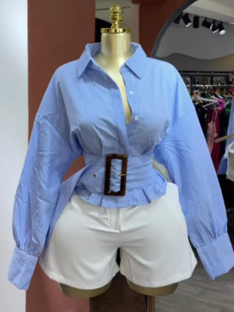 

Wmstar Women Tops Wholesale New Design Style Lapel Cinched Waist Tie Short Striped Long Sleeved Shirt with Belt Drop Shopping