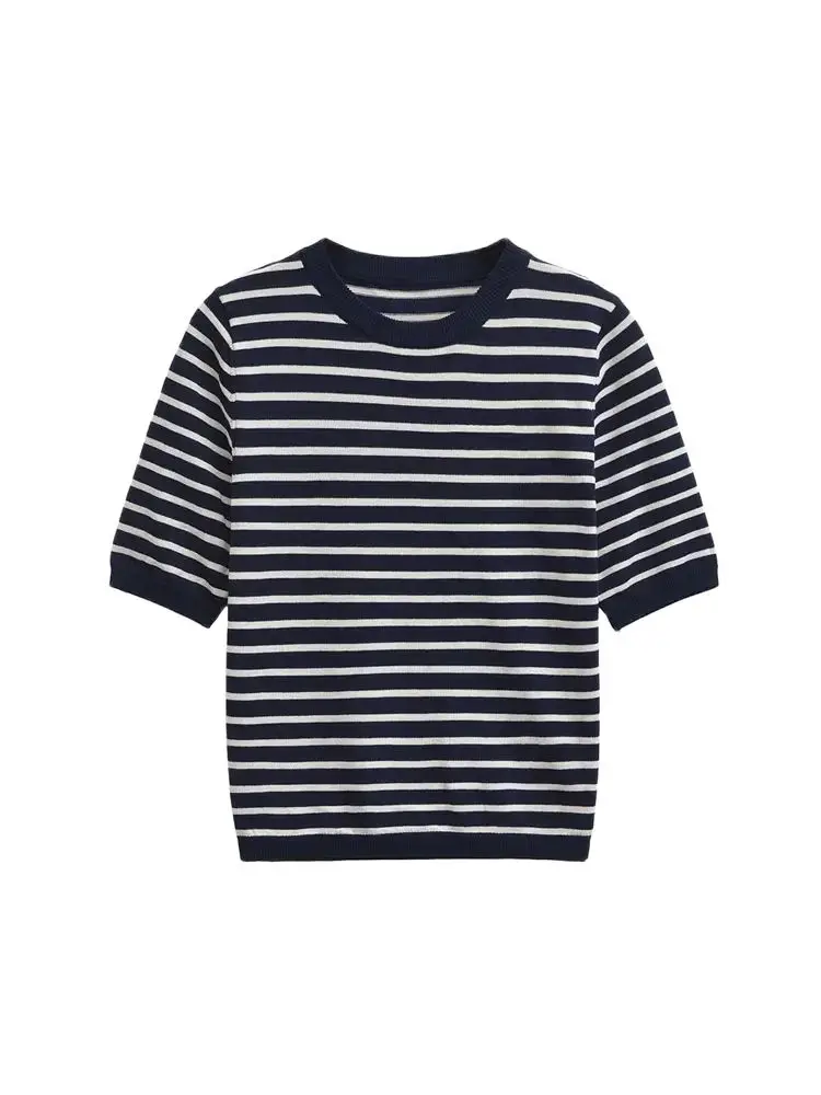 Maglione lavorato a maglia a righe da donna O-Collo Manica corta Pullover alla moda chic Top Maglieria femminile elegante ed basic