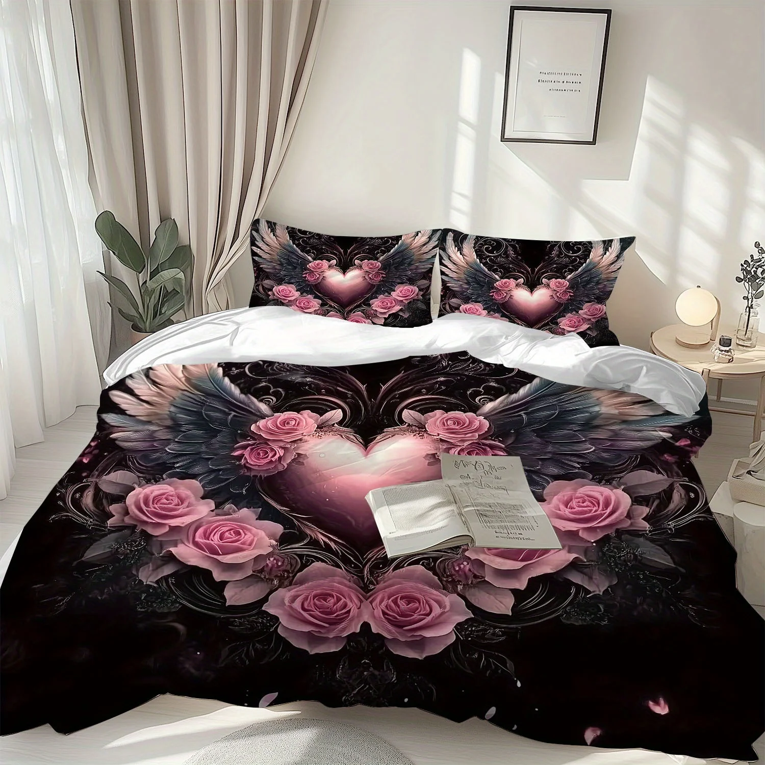 set-biancheria-da-letto-3-pezzi-con-ali-d'angelo-e-rose-1-copripiumino-2-federe-dotato-di-design-a-forma-di-cuore-con-ali-d'angelo