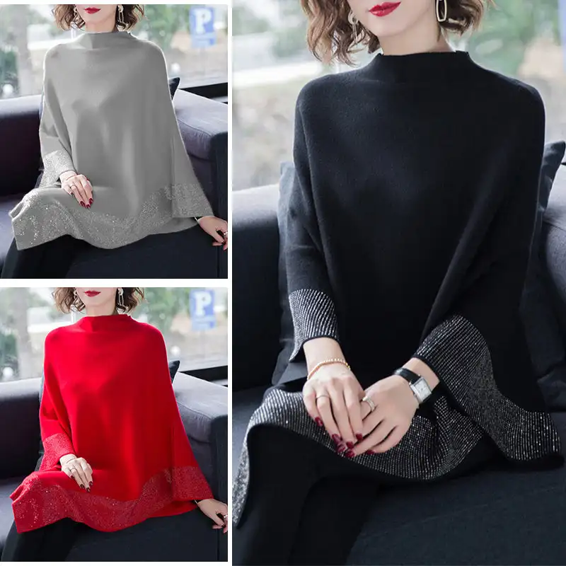 Shiny Women\'s Wool Shawl Fashion Winter Scarf For Soft Wrap Casual Warm Pullover Sweater Poncho Solid Color Bat Sleeve Knitted