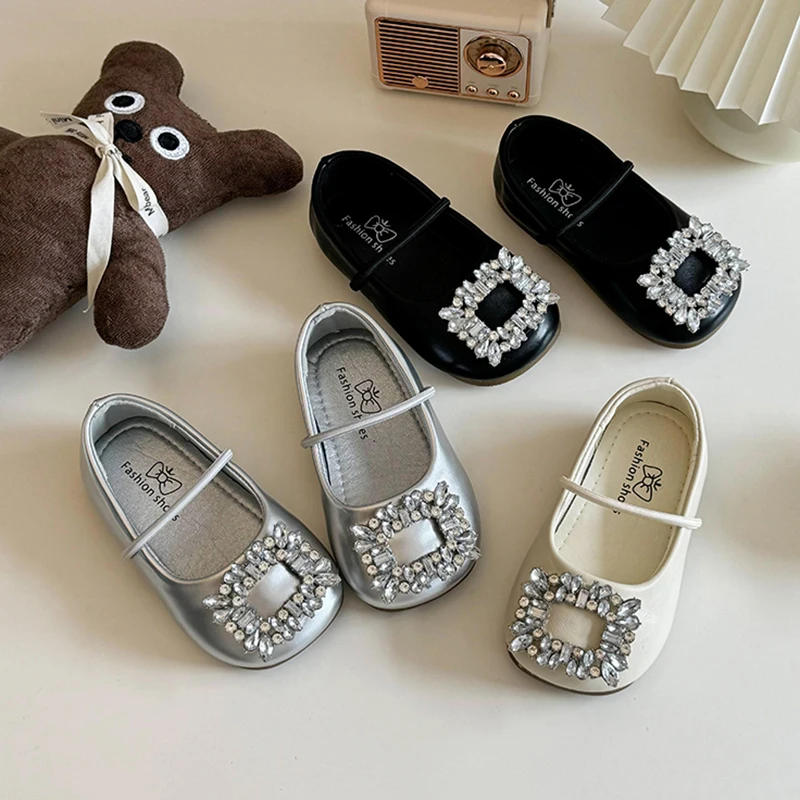 Shoes for Girls Child Ballerina Flats Kids Diamond Party Dress Shoes Princess Elegant Shoe Black Silver leather shoe