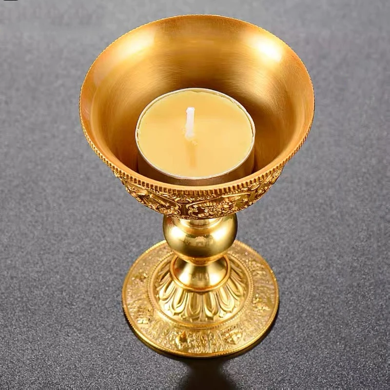 Embossed Brass Candle Cup Romantic Flower Gold Candlestick Buddhist Lamp Holder Wedding Dinner Home Collection Table Decoration