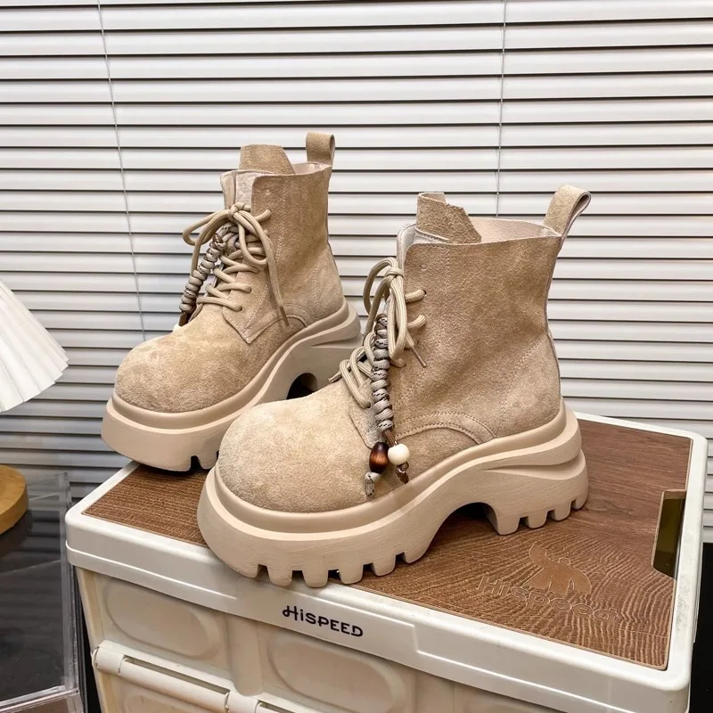 Matte Soft Leather Thick Soled Boots for Women,2025 Autumn New Fashion Women Boots,Ankle Boots Lace Up Round Toe Boots for Women