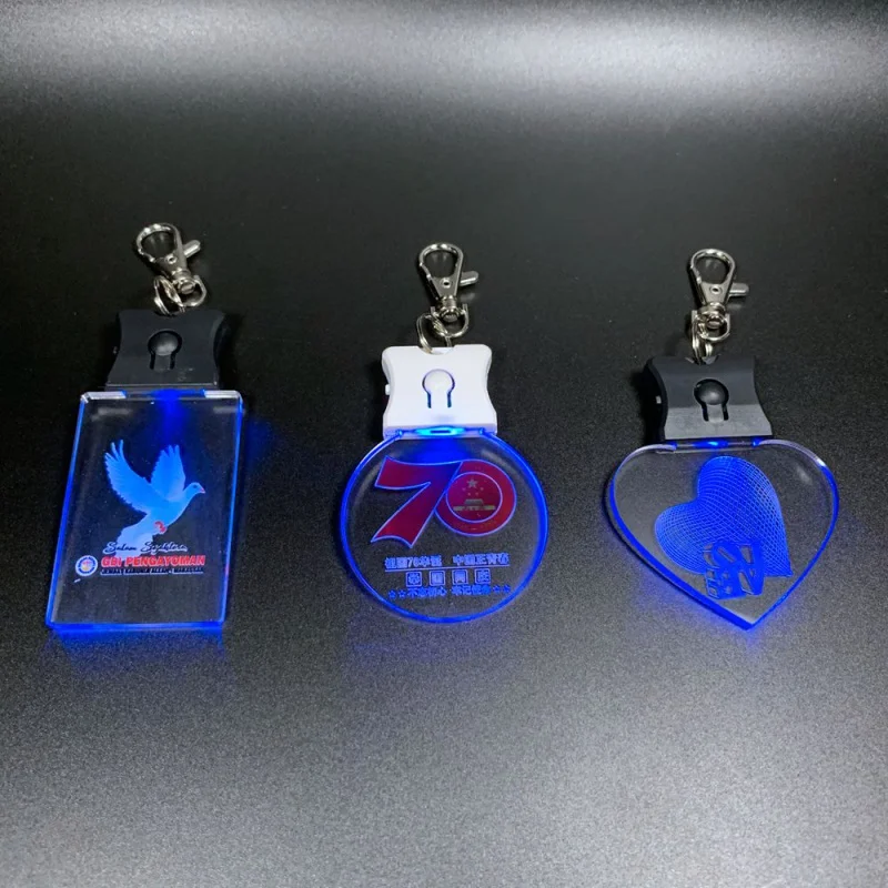 Customized.product.New arrival customized laser engraved 3D LOGO blank badge card acrylic LED glowing keyring holder lanyard LED