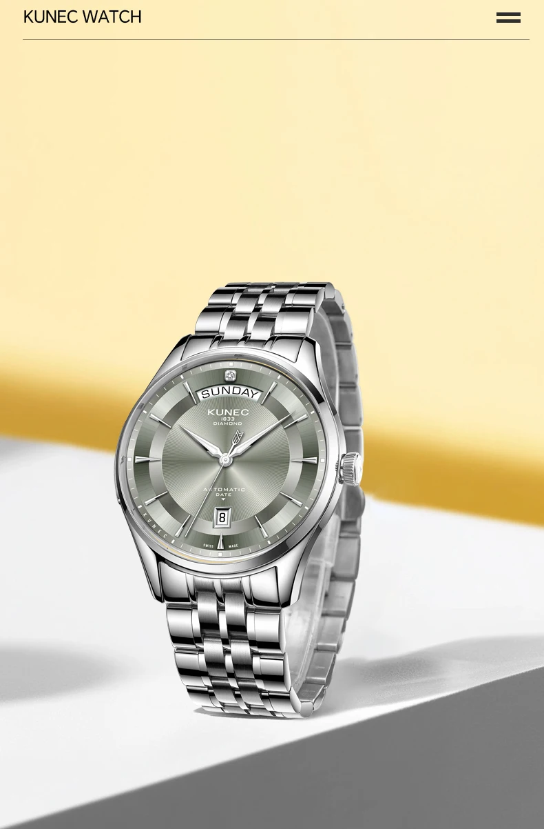 kunec Grey dial Swiss mechanical movement Ultra-thin steel case watch for man waterproof business casual automatic man watches
