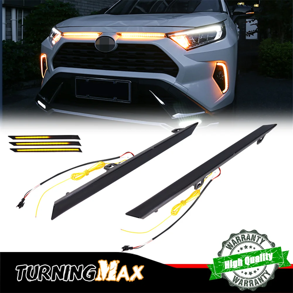 

White LED Front Engine Bay Hood DRL Daytime Running Lights & Sequential Amber Turn Signal Lights For Toyota RAV4 2019 2020 2021