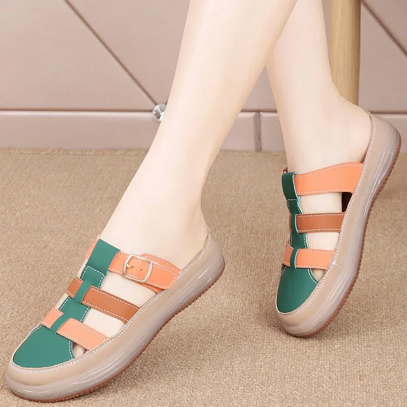 2025 Summer High Quality Leather Baotou Roman Sandals Ladies Retro Hollow Woven Women Sandals Platform Beach Slippers Sandalias