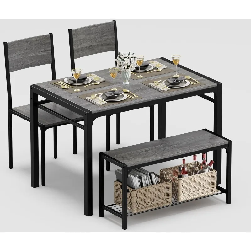 Table Set for 4, Kitchen Table with Bench & 2 Chairs Modern Rectangular Metal Frame Dining Furniture Set fo