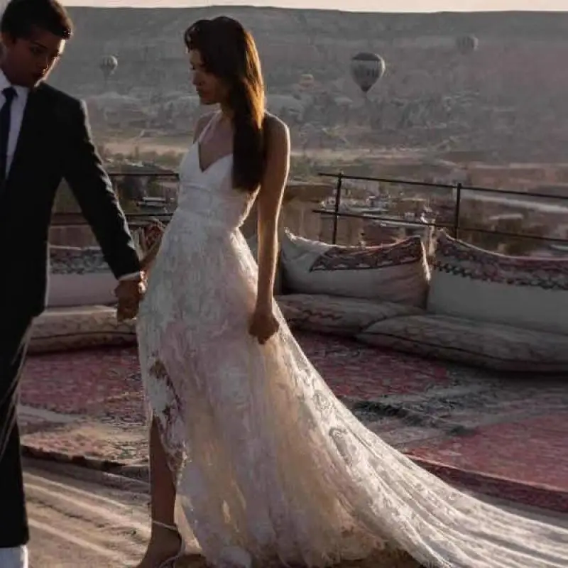 Side Split Boho Spaghetti Straps A-line Bridal Wedding Dress V Neck Backless Brush Train Floral Lace Bride Gown Custom Made