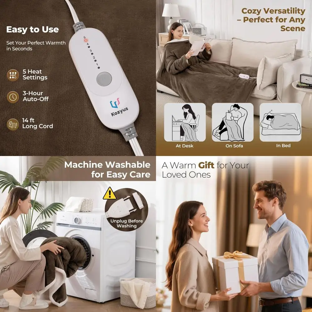 

Heated Blanket with Pockets & Sleeves, 5-Setting Electric Robe, Auto-Off, Washable, ETL Certified, 50x70 Brown