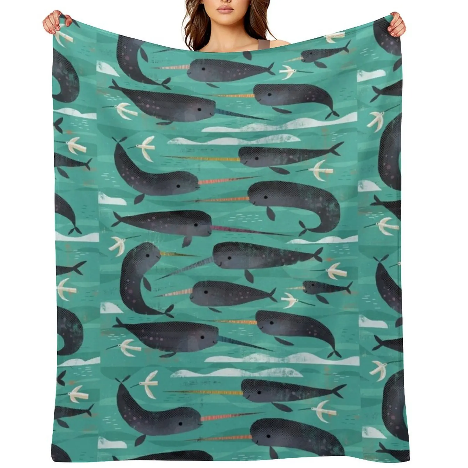 

Narwhals and Narbirds Throw Blanket Thins Flannel Fabric Decoratives Thin Blankets