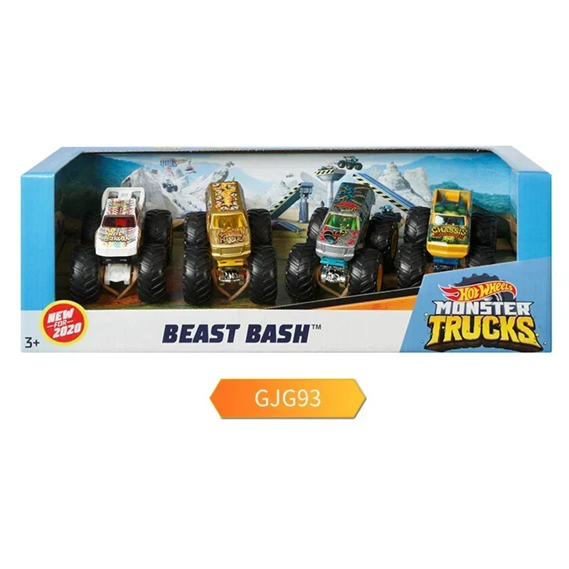 Original Hot Wheels Monster Trucks 4 Car Pack Giant Foot Metal Vehicle Model Wild Boys Toys Kids Muscle Beast Bash Racing Gift