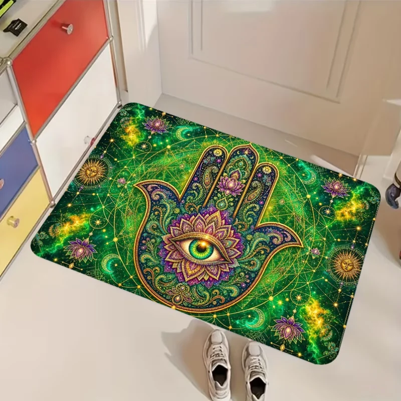 Evil Eye Swirl Star  Mat White Base Blue Gold Accent Print Non Slip Carpet For Protection Symbol Lover Entrance Decoration