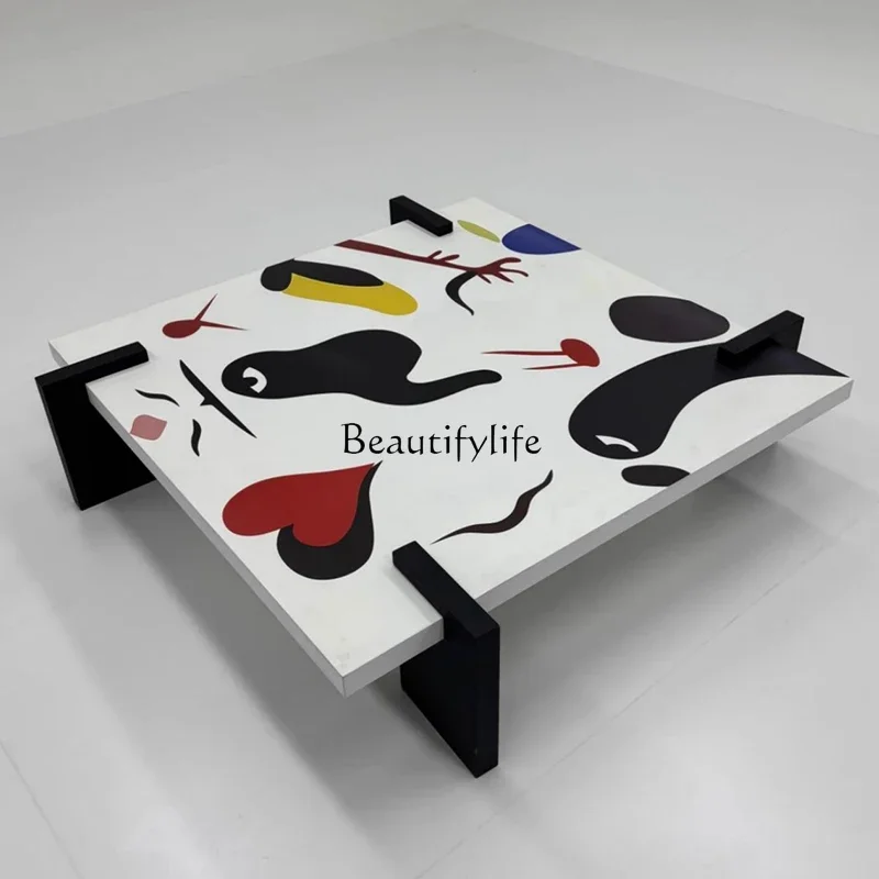 

LJY*Medieval style coffee table graffiti hand-painted oil painter household personalized art retro wabi sandy wind square table