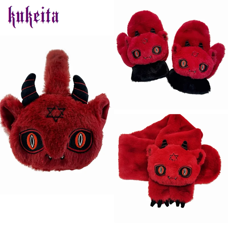 kukeita-conjunto-de-tres-piezas-de-felpa-con-motivos-goticos-de-demonios-bufanda-de-invierno-para-mujer-orejeras-y-guantes-estilo-y2k-punk-kawaii-con-cuernos-ideal-para-fiestas-de-halloween-conjunto-abrigado